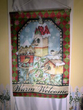 Vintage Winter Garden Flag Large Banner Warm Welcome Birdhouses Jetmax Polyester